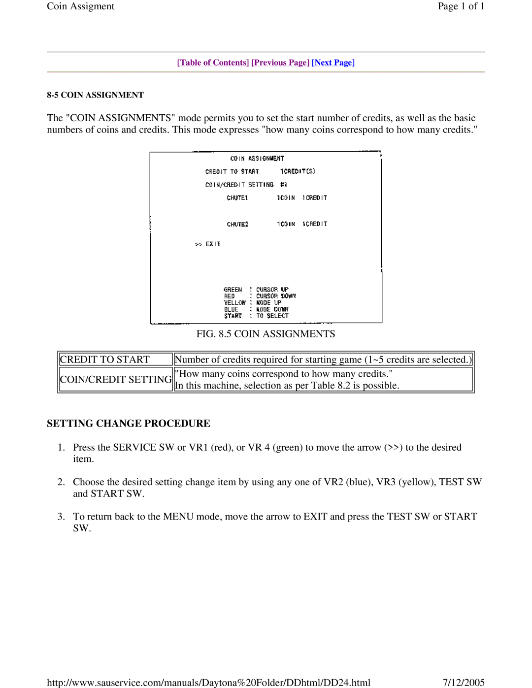 Sega DLX owner manual Coin Assignments Credit to Start 