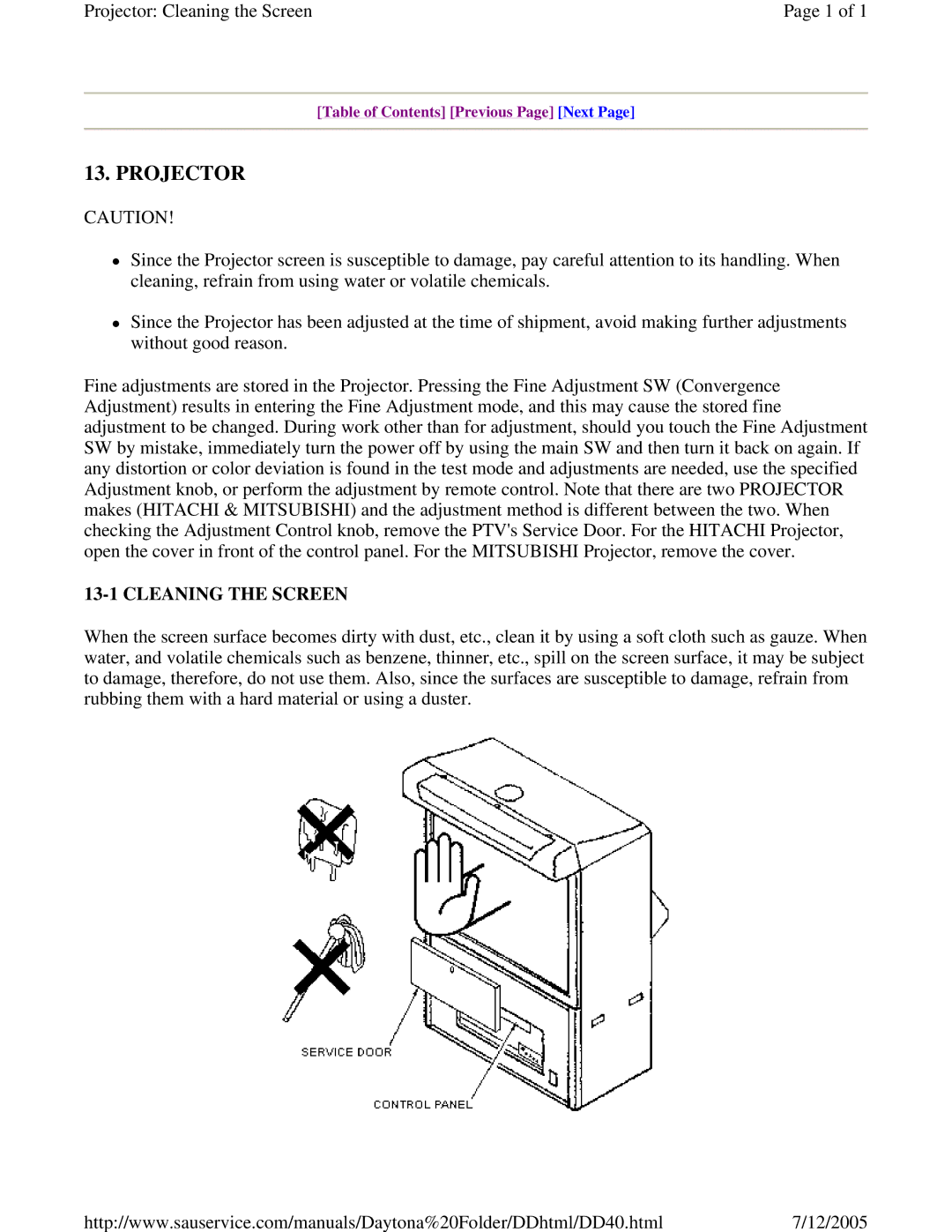 Sega DLX owner manual Projector, Cleaning the Screen 