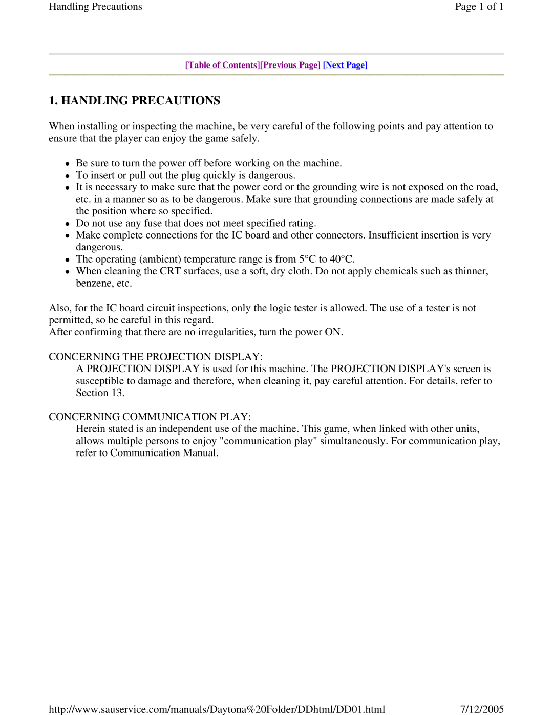 Sega DLX owner manual Handling Precautions, Concerning the Projection Display, Concerning Communication Play 