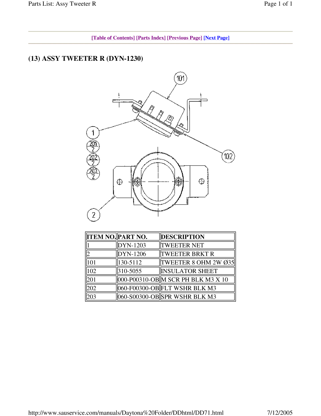 Sega DLX owner manual Assy Tweeter R DYN-1230, Tweeter Brkt R 