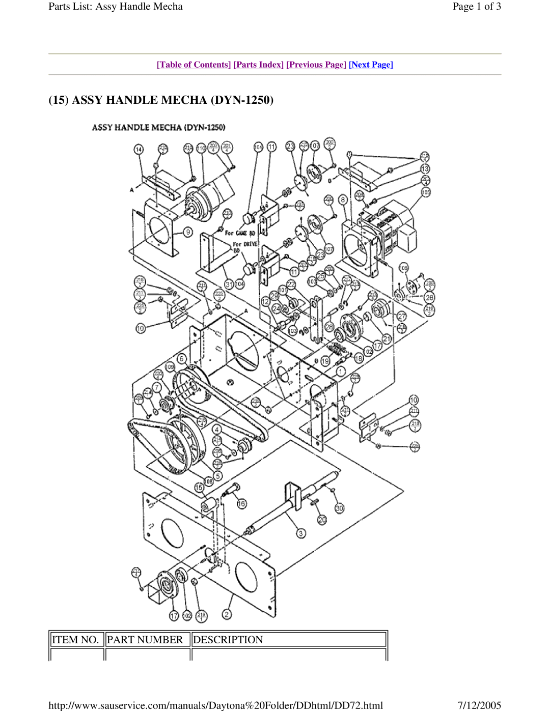 Sega DLX owner manual Assy Handle Mecha DYN-1250, Item NO. Part Number Description 