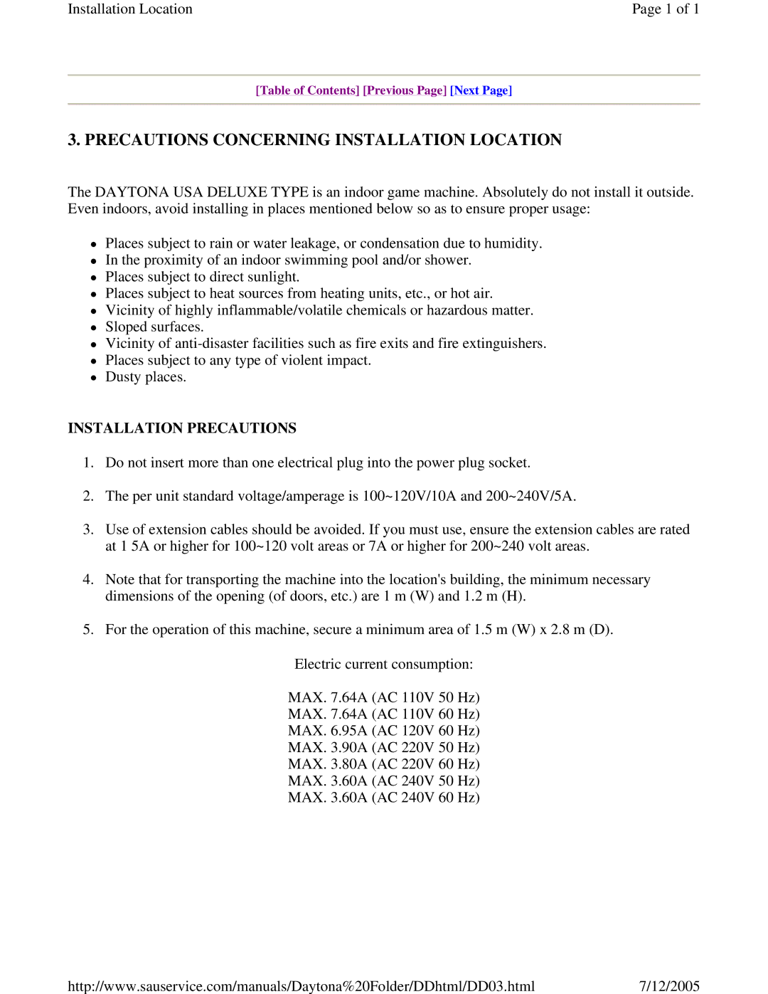 Sega DLX owner manual Precautions Concerning Installation Location, Installation Precautions 