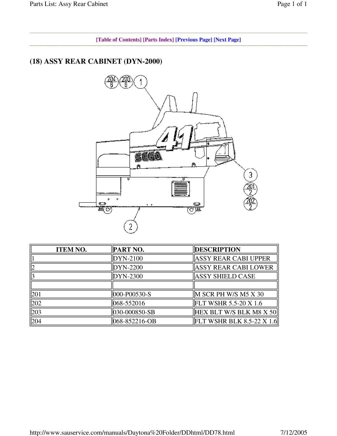 Sega DLX Assy Rear Cabinet DYN-2000, Assy Rear Cabi Upper, Assy Rear Cabi Lower, Assy Shield Case, HEX BLT W/S BLK M8 X 