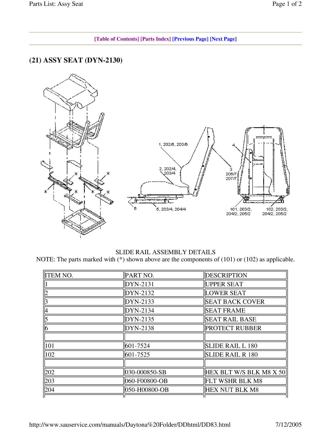 Sega DLX owner manual Slide Rail Assembly Details Item no Description, Upper Seat, Lower Seat, Seat Back Cover, Seat Frame 