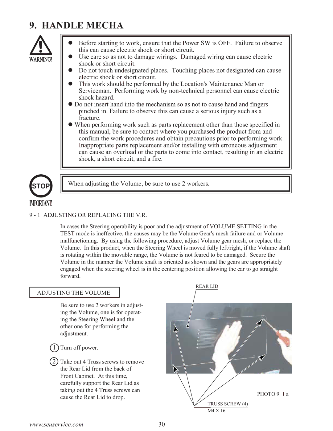 Sega F355 owner manual Handle Mecha, Adjusting or Replacing the V.R, Adjusting the Volume 