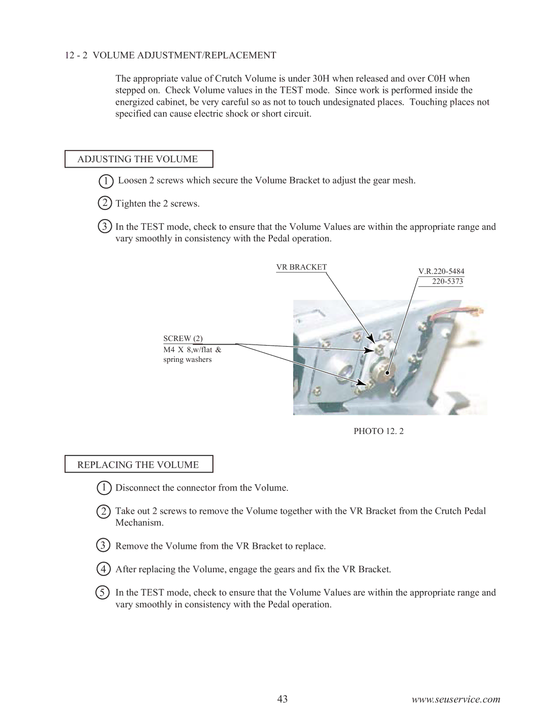 Sega F355 owner manual 12 2 Volume ADJUSTMENT/REPLACEMENT, Adjusting the Volume 