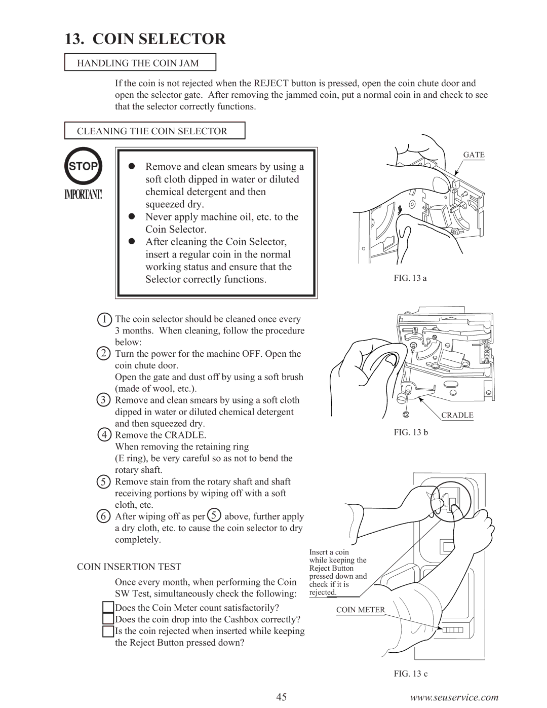 Sega F355 owner manual Handling the Coin JAM, Cleaning the Coin Selector, Coin Insertion Test 