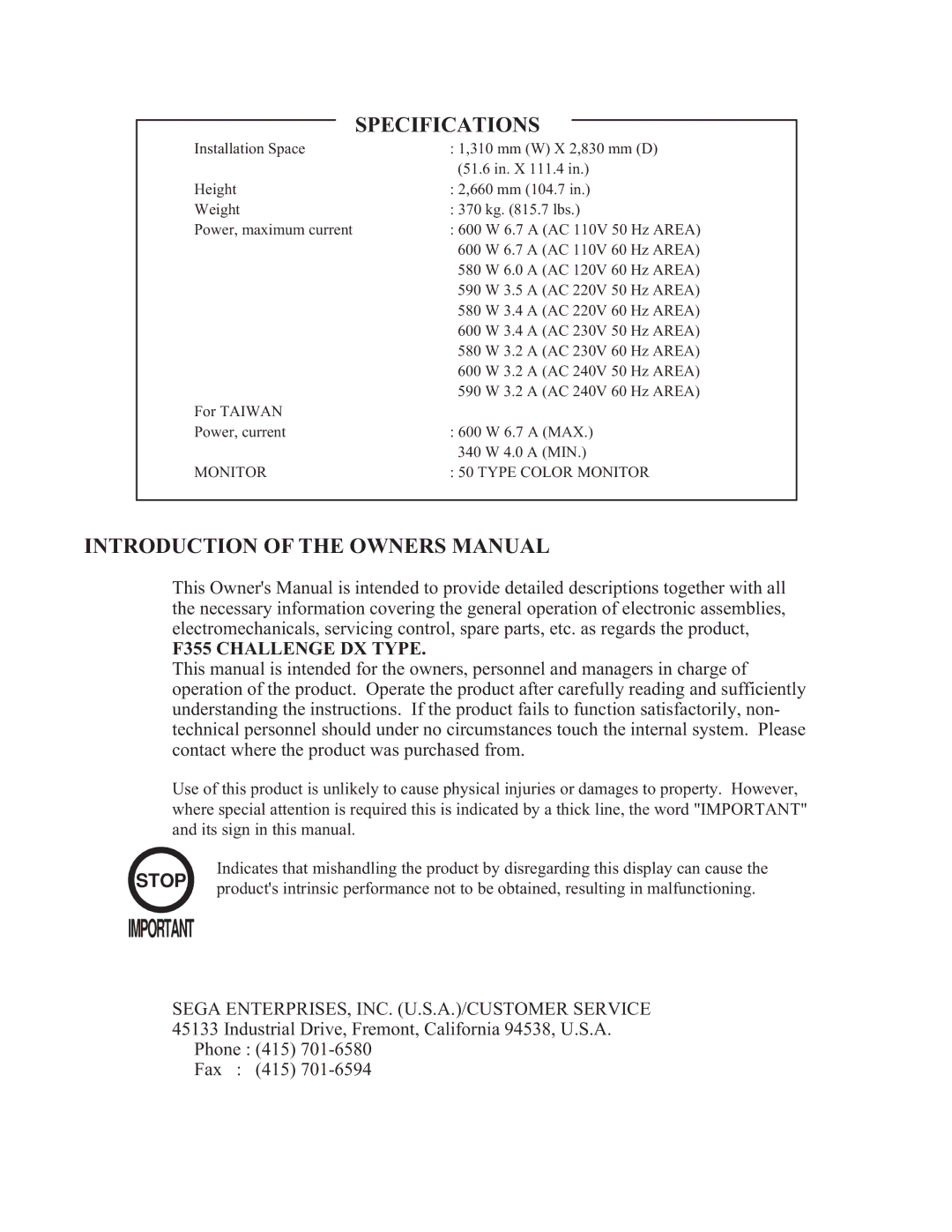 Sega F355 owner manual Specifications 