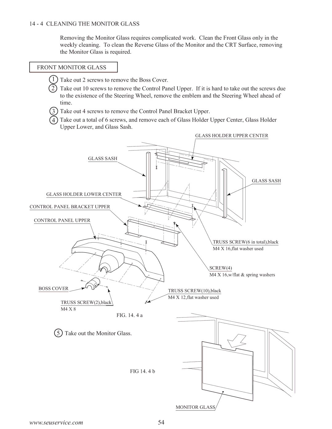 Sega F355 owner manual 14 4 Cleaning the Monitor Glass, Front Monitor Glass 