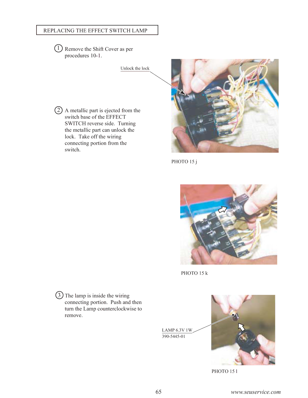 Sega F355 owner manual Replacing the Effect Switch Lamp 