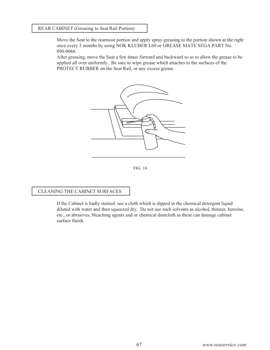 Sega F355 owner manual Cleaning the Cabinet Surfaces 