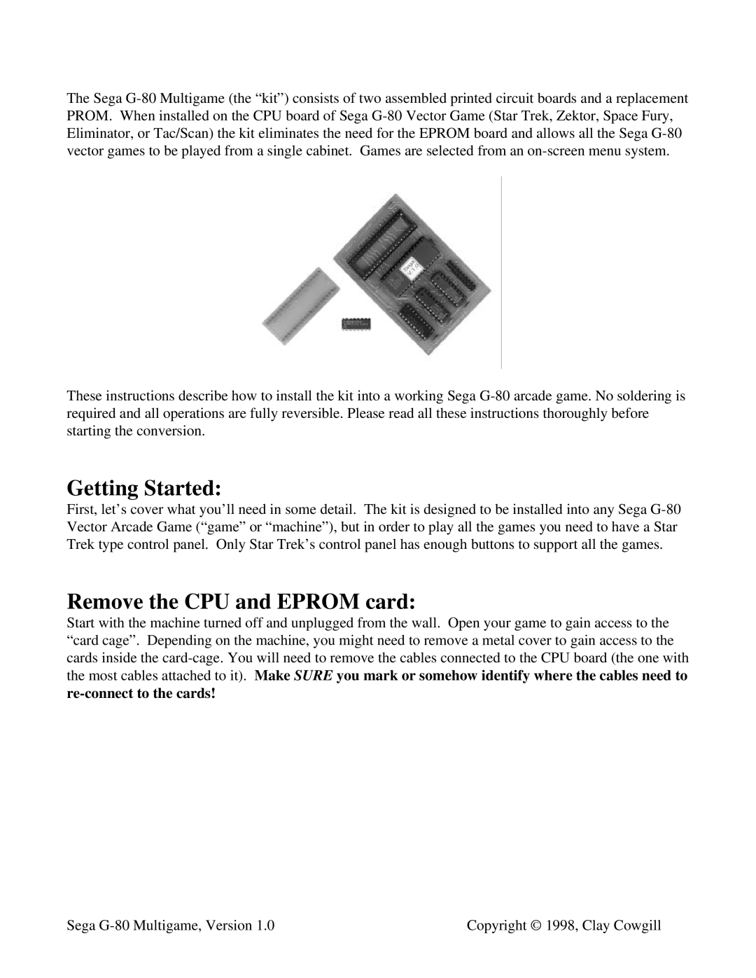 Sega G-80 instruction manual Getting Started, Remove the CPU and Eprom card 