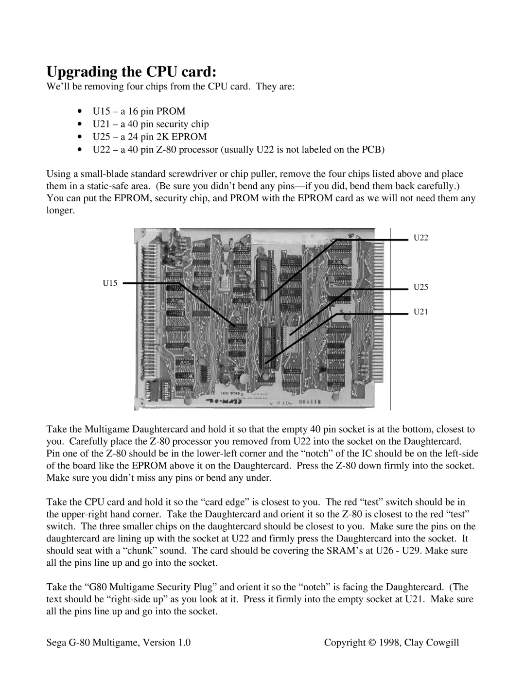 Sega G-80 instruction manual Upgrading the CPU card 