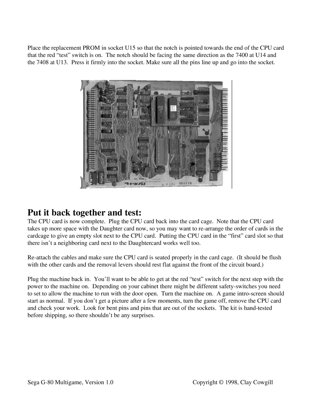 Sega G-80 instruction manual Put it back together and test 