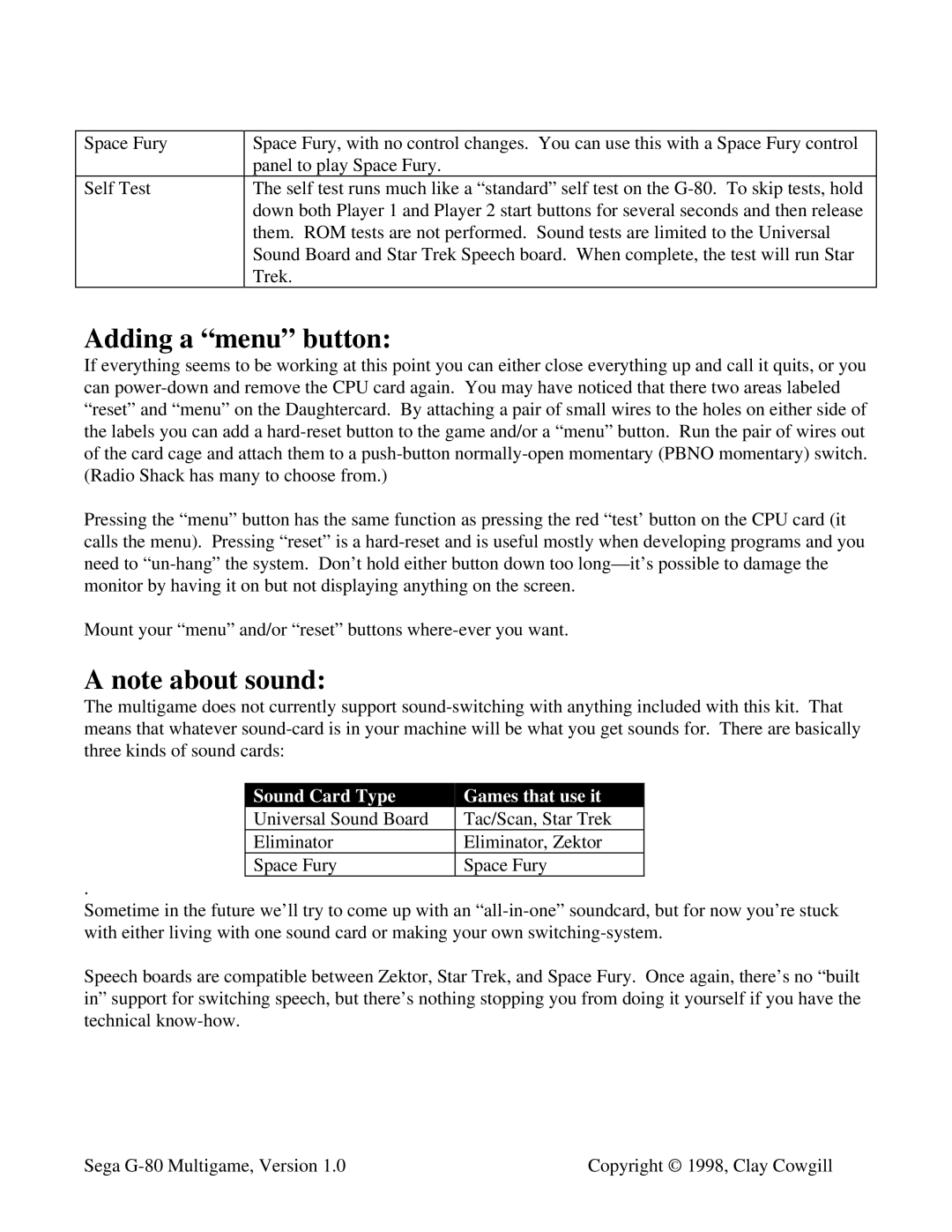 Sega G-80 instruction manual Adding a menu button, Sound Card Type Games that use it 