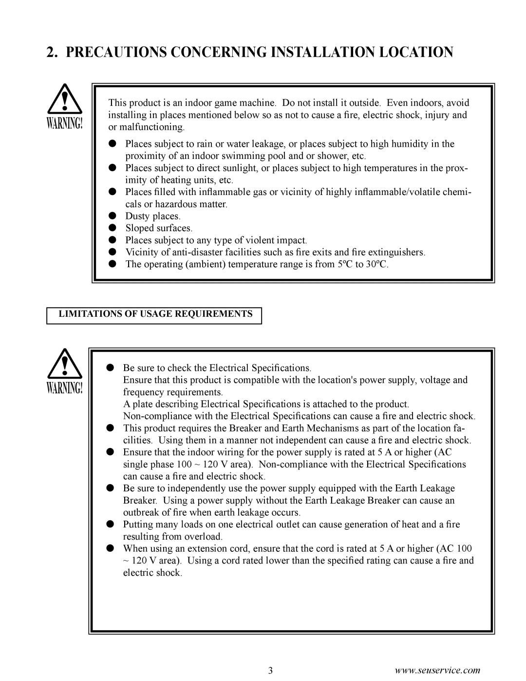 Sega GAME SHOW owner manual Precautions Concerning Installation Location 