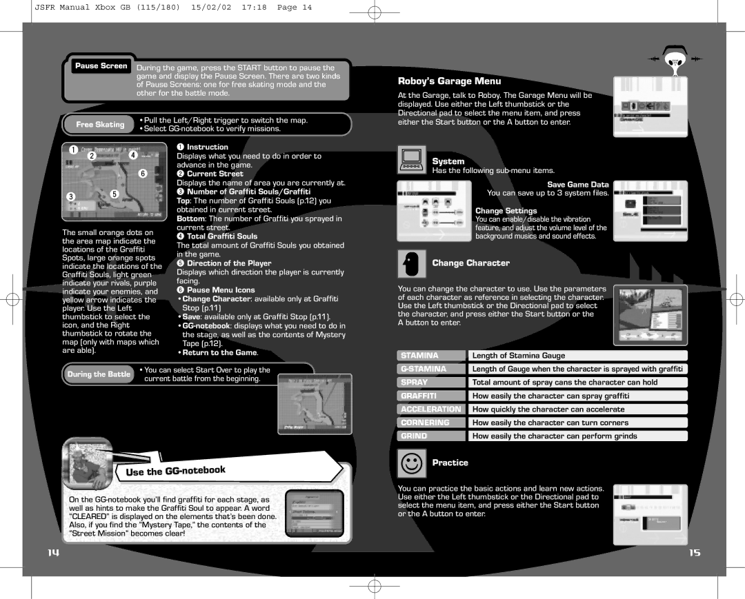 Sega IG02401E instruction manual Roboy’s Garage Menu, System, Change Character, Practice 