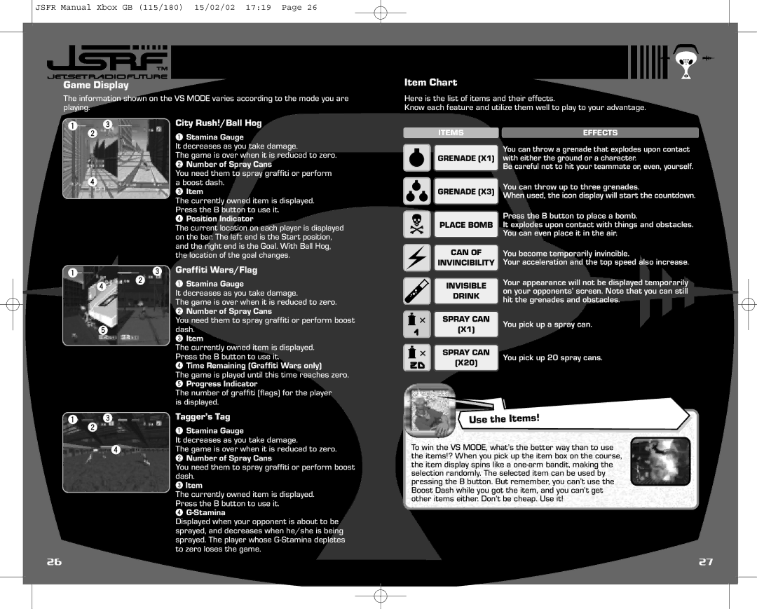 Sega IG02401E instruction manual Item Chart, City Rush!/Ball Hog, Graffiti Wars/Flag, Tagger’s Tag 