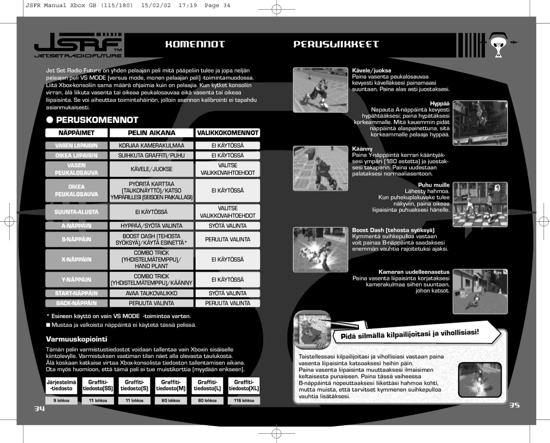 Sega IG02401E instruction manual Komennot, Peruskomennot, Perusliikkeet, Varmuuskopiointi 