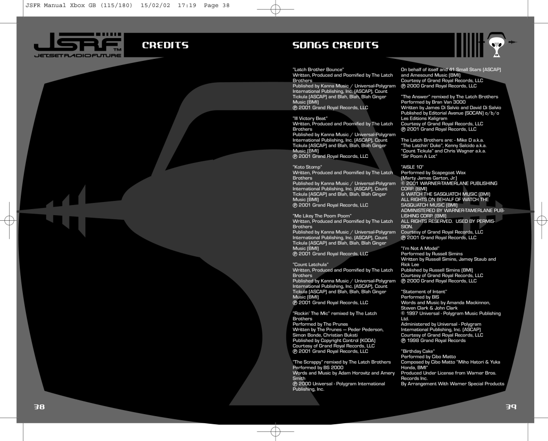 Sega IG02401E instruction manual Credits Songs Credits, WARNER-TAMERLANE Publishing CORP. BMI 