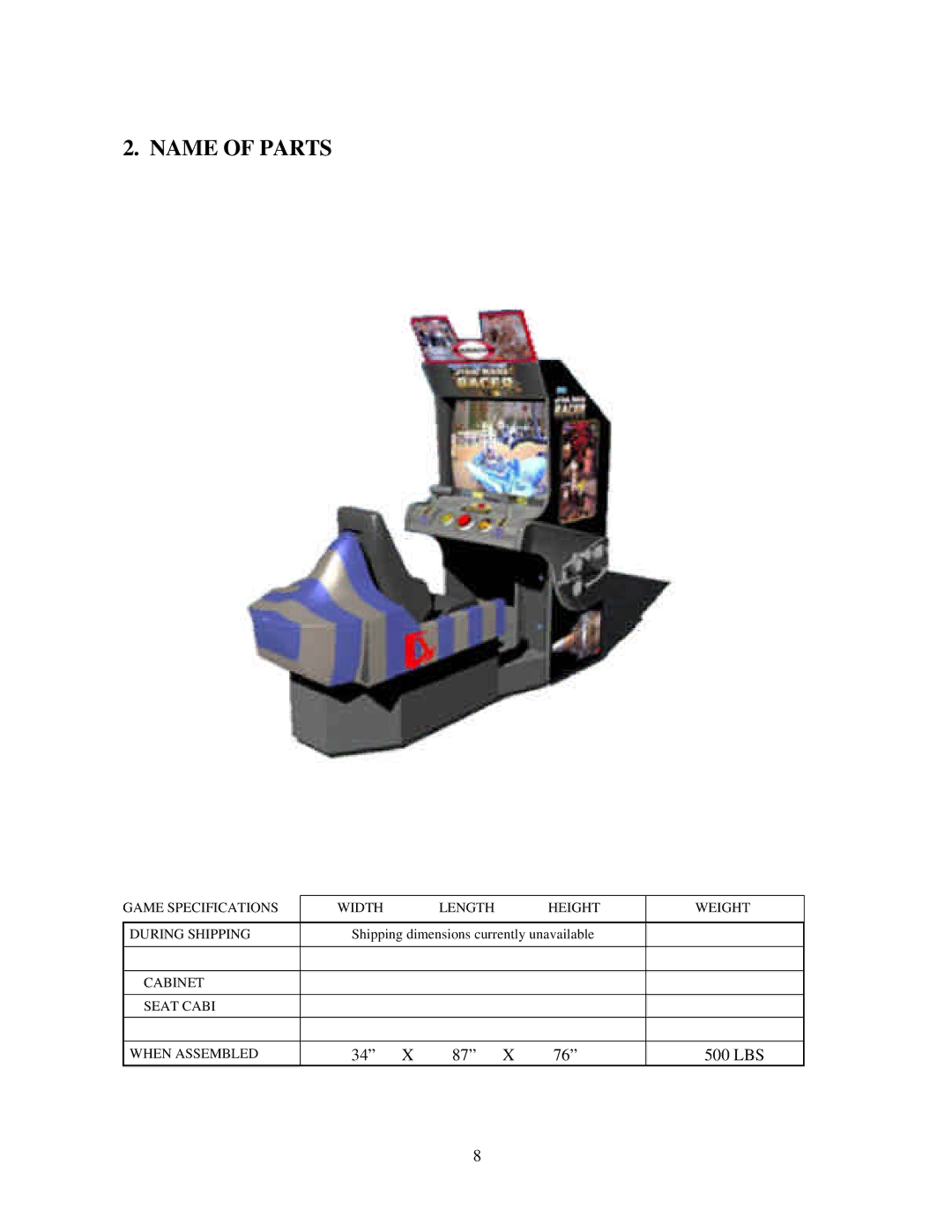 Sega Star Wars Racer Arcade, 999-0988 owner manual Name of Parts 