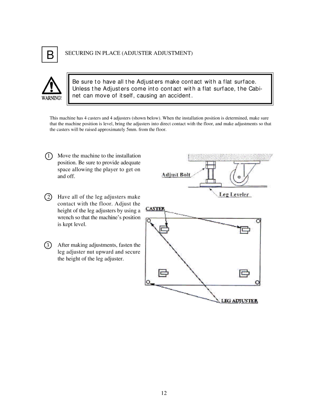 Sega Star Wars Racer Arcade, 999-0988 owner manual Securing in Place Adjuster Adjustment 