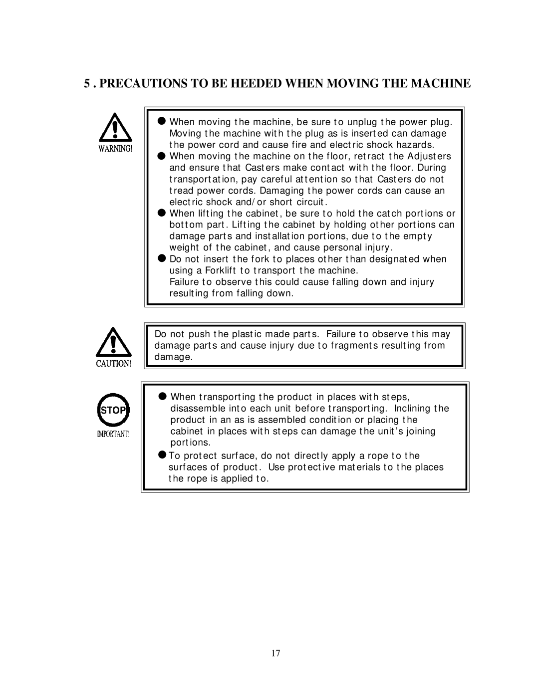 Sega 999-0988, Star Wars Racer Arcade owner manual Precautions to be Heeded When Moving the Machine 