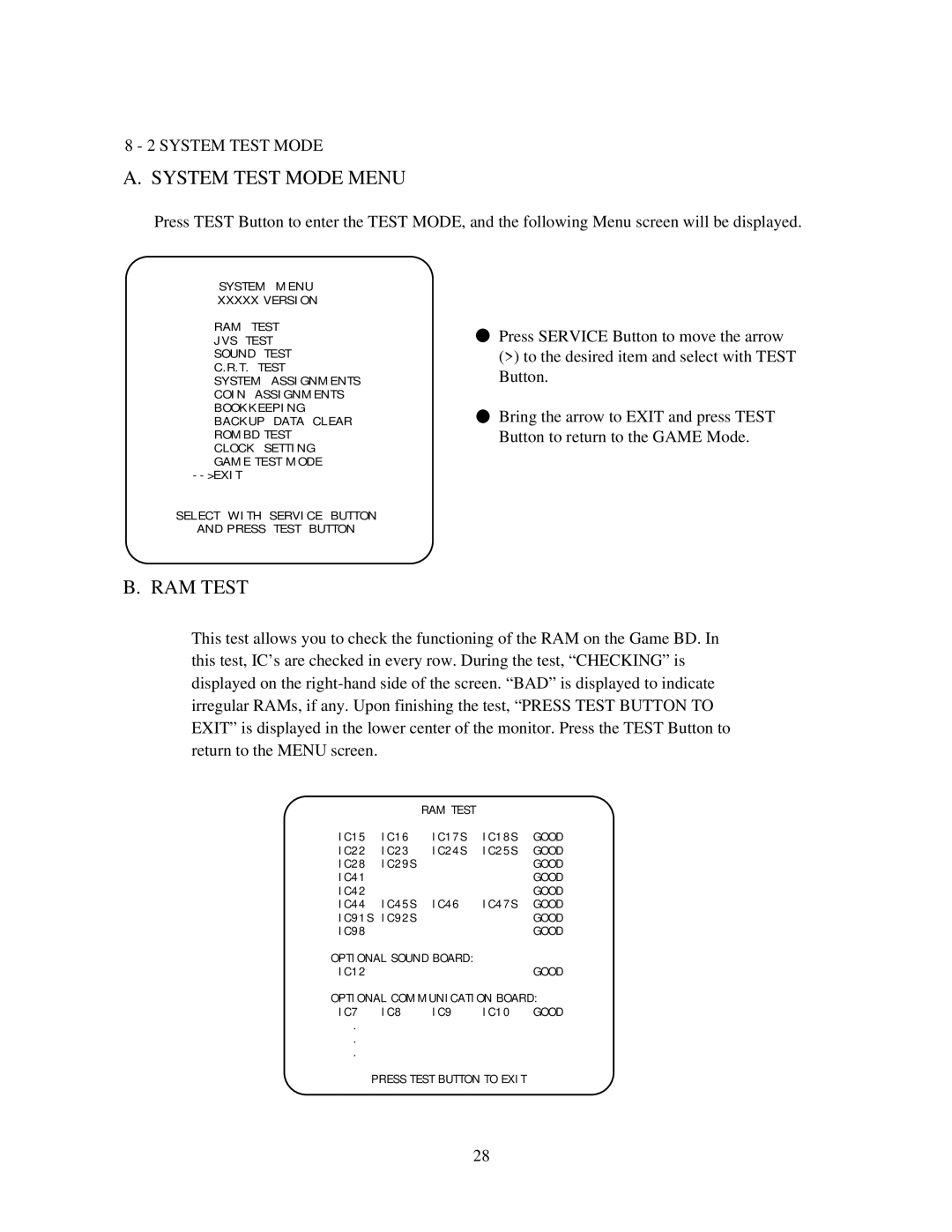 Sega Star Wars Racer Arcade, 999-0988 owner manual System Test Mode Menu, RAM Test 