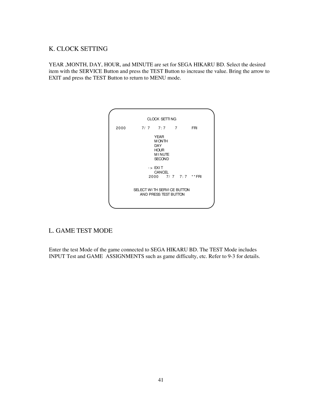 Sega 999-0988, Star Wars Racer Arcade owner manual Clock Setting, Game Test Mode 