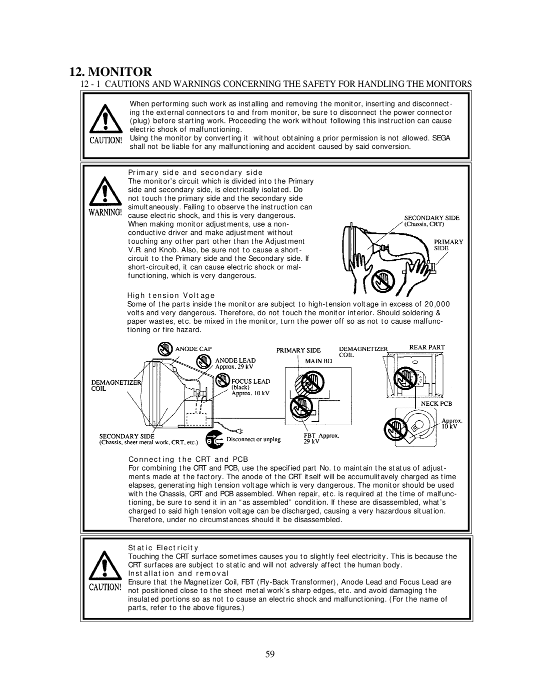 Sega 999-0988, Star Wars Racer Arcade owner manual Monitor, Primary side and secondary side 