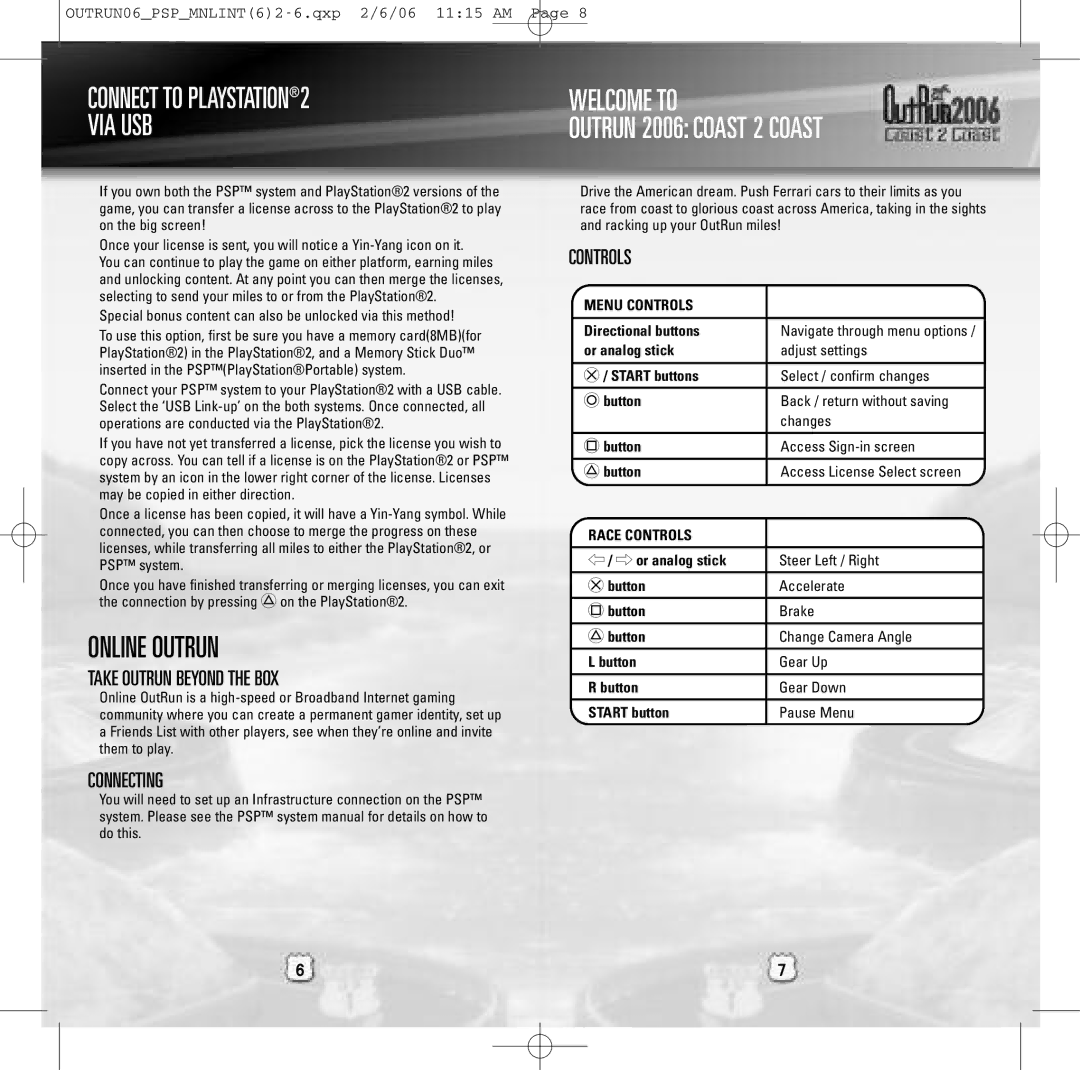 Sega ULUS 10064 instruction manual Connect to PLAYSTATION2 VIA USB, Online Outrun, Welcome to Outrun 2006 Coast 2 Coast 