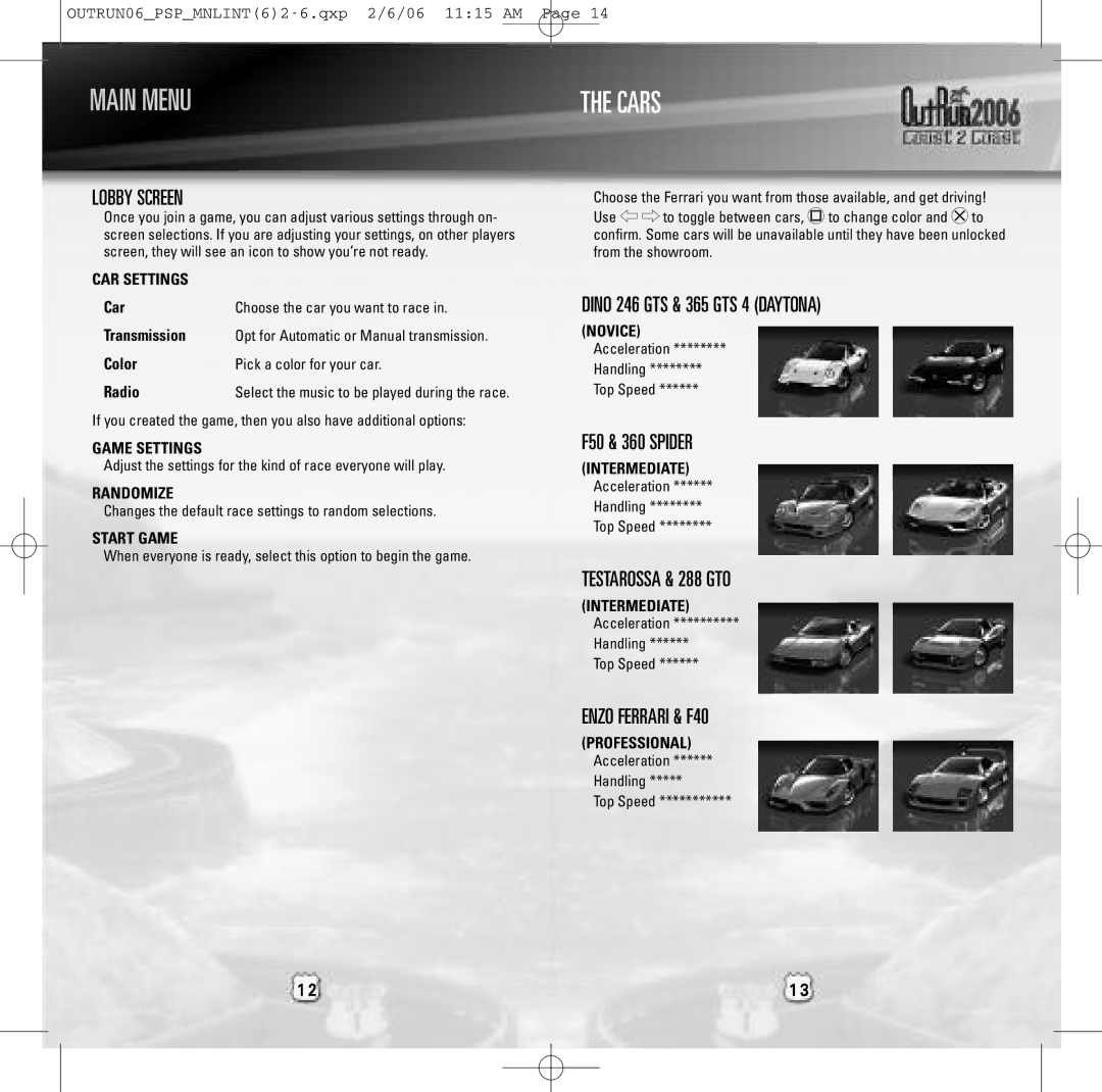 Sega ULUS 10064 instruction manual Cars, Lobby Screen, Testarossa & 288 GTO, Enzo Ferrari & F40 