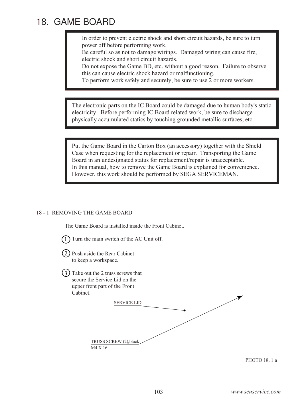 Sega WaveRunner owner manual 18 1 Removing the Game Board 