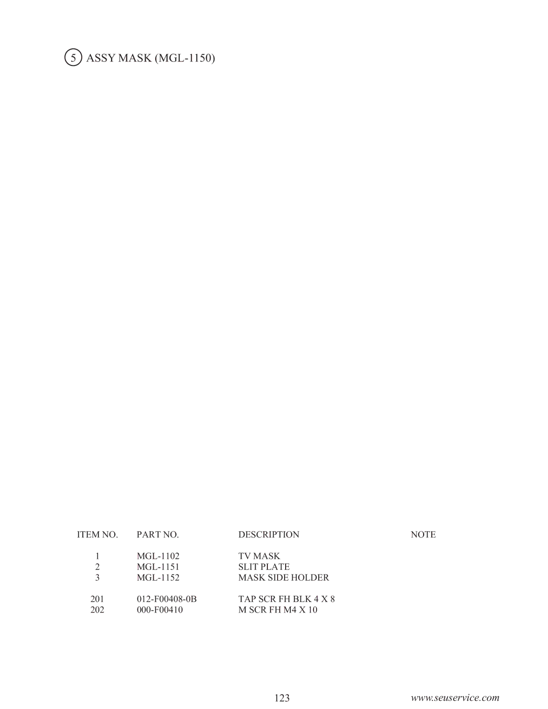 Sega WaveRunner owner manual Assy Mask MGL-1150 