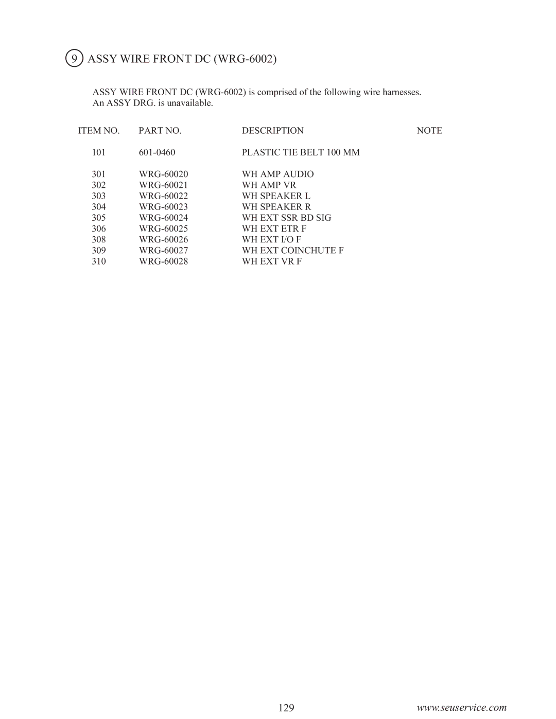 Sega WaveRunner owner manual Assy Wire Front DC WRG-6002 