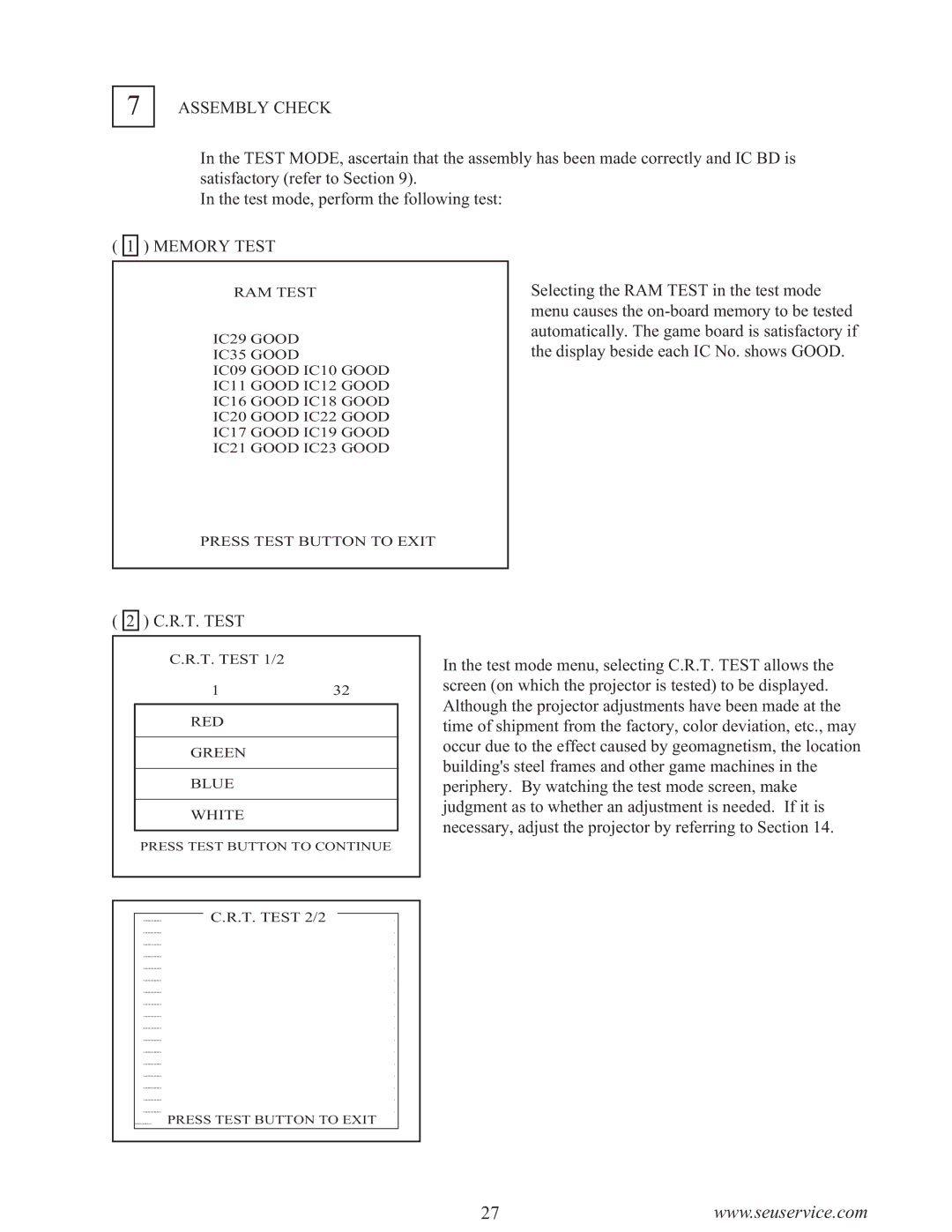 Sega WaveRunner owner manual Assembly Check, Memory Test 