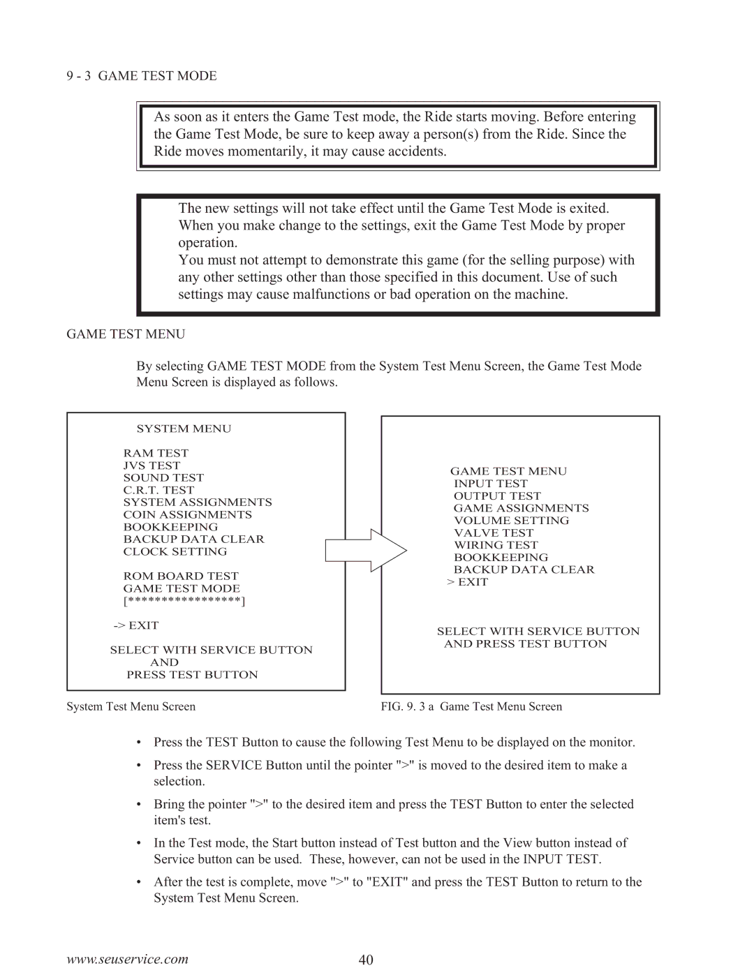 Sega WaveRunner owner manual Game Test Mode, Game Test Menu 