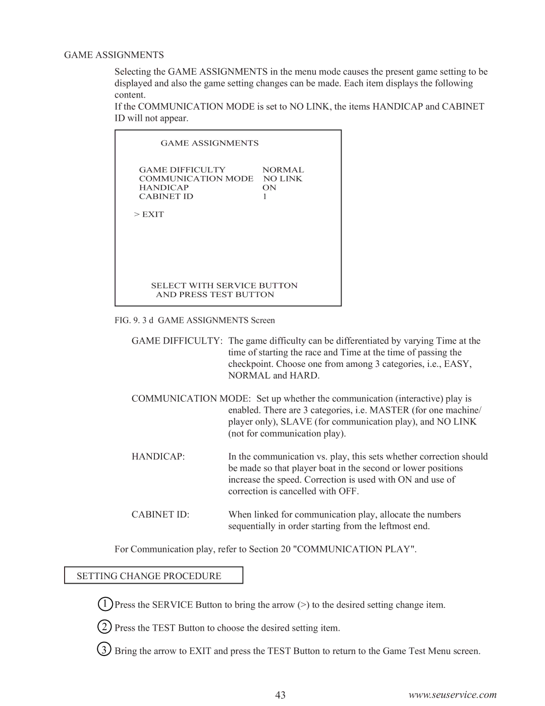 Sega WaveRunner owner manual Game Assignments, Handicap, Cabinet ID, Setting Change Procedure 