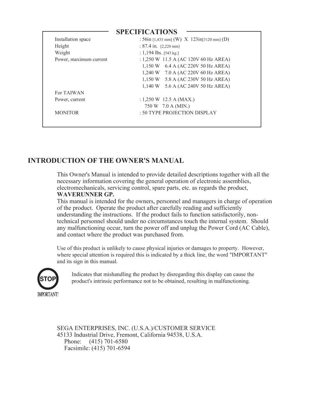 Sega WaveRunner owner manual Specifications 