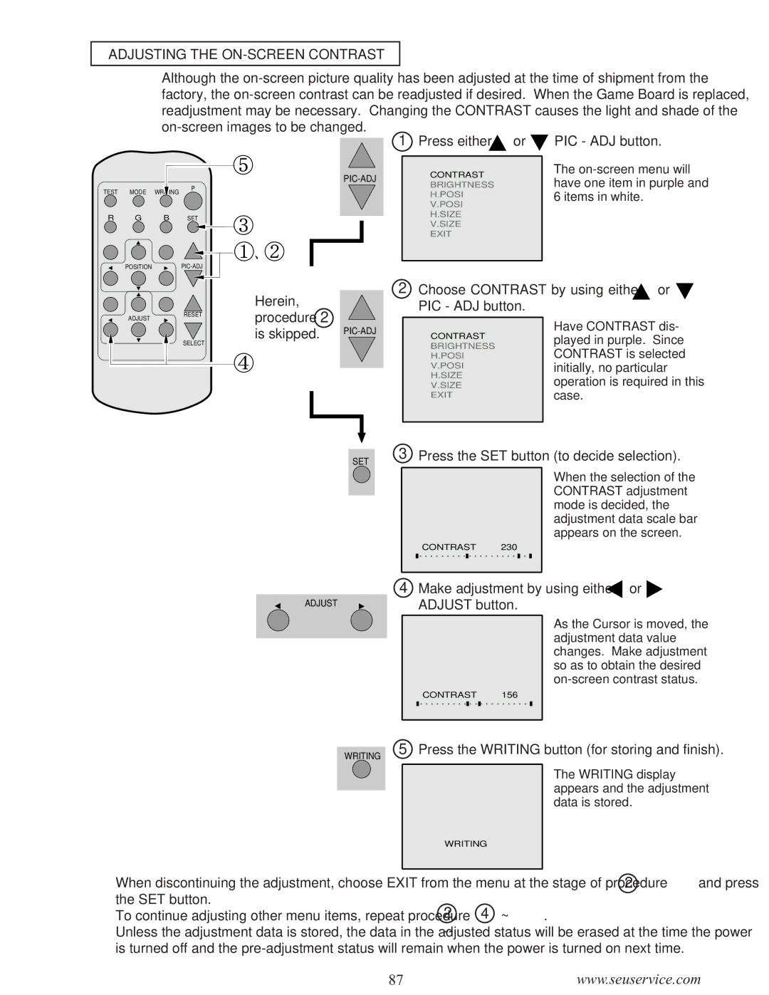 Sega WaveRunner owner manual Adjusting the ON-SCREEN Contrast, Is skipped 