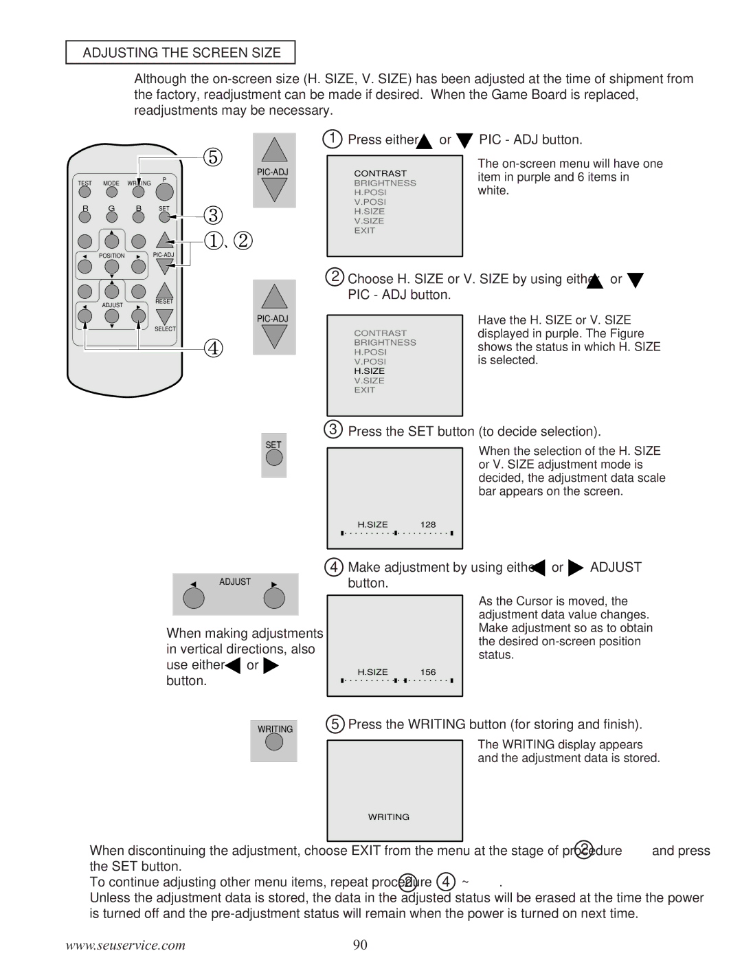 Sega WaveRunner owner manual Adjusting the Screen Size, Choose H. Size or V. Size by using either or PIC ADJ button 