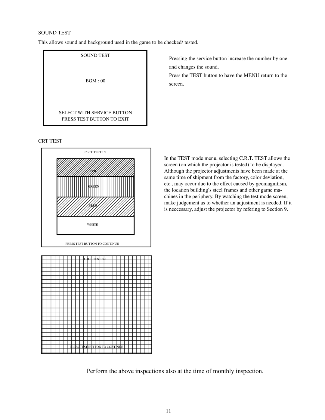Sega Zombie Revenge manual Sound Test, CRT Test 