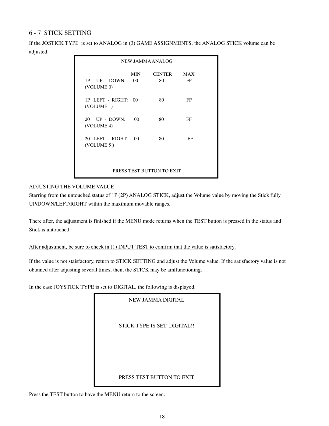 Sega Zombie Revenge manual Stick Setting, Adjusting the Volume Value 