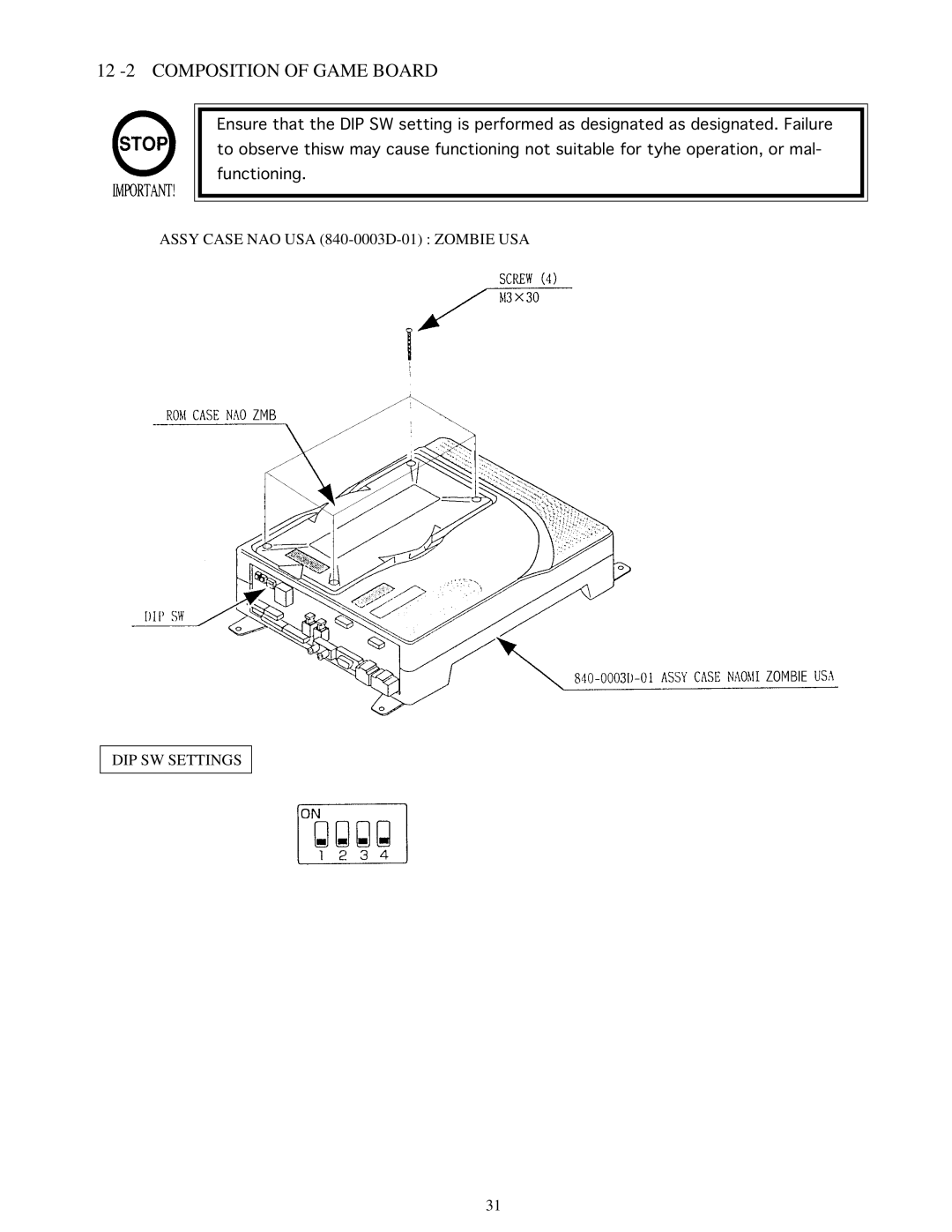 Sega Zombie Revenge manual 12 -2 Composition of Game Board, Assy Case NAO USA 840-0003D-01 Zombie USA DIP SW Settings 