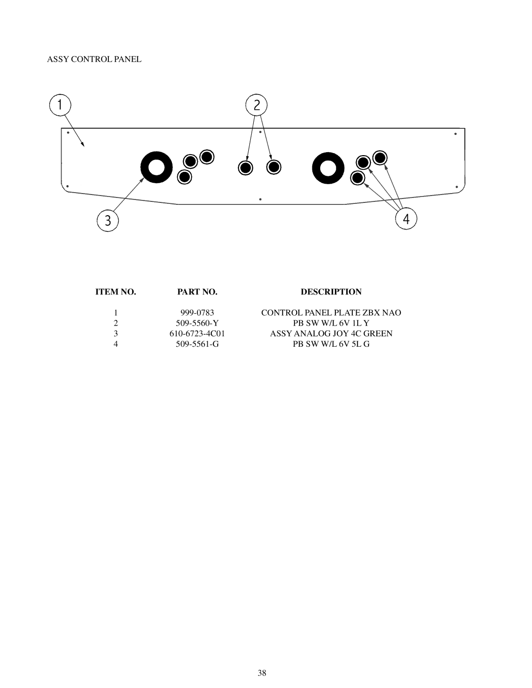 Sega Zombie Revenge manual Assy Control Panel, Control Panel Plate ZBX NAO, PB SW W/L 6V 1L Y, Assy Analog JOY 4C Green 