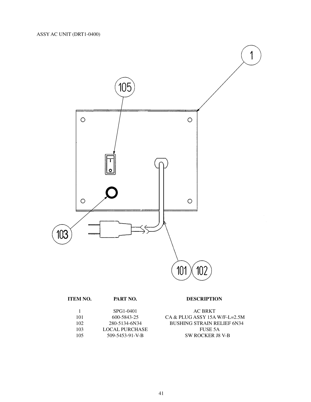 Sega Zombie Revenge Assy AC Unit DRT1-0400, AC Brkt, Bushing Strain Relief 6N34, Local Purchase Fuse 5A, SW Rocker J8 V-B 