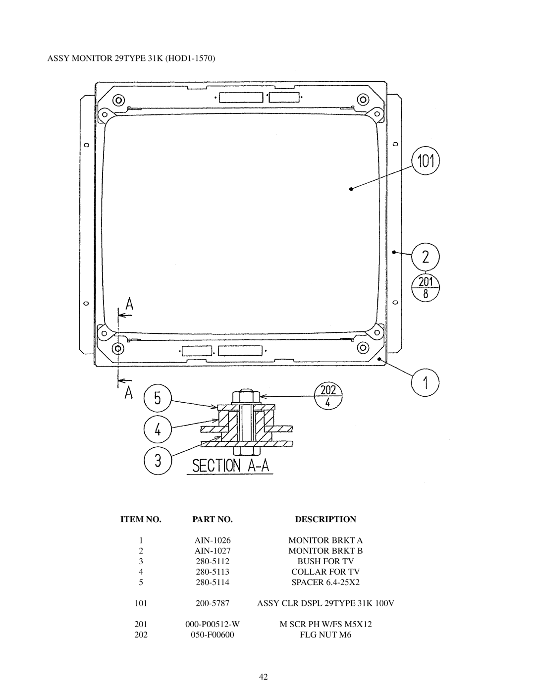 Sega Zombie Revenge manual Assy Monitor 29TYPE 31K HOD1-1570, Monitor Brkt a, Monitor Brkt B, Bush for TV, Collar for TV 