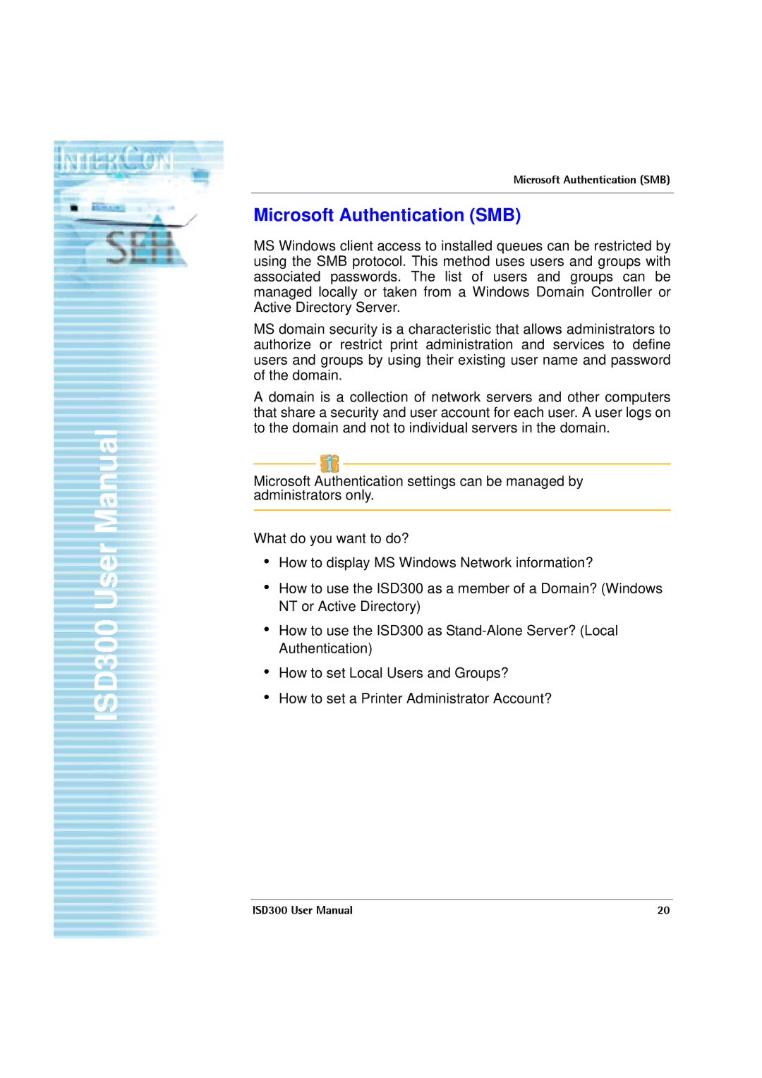 SEH Computertechnik ISD300 user manual Microsoft Authentication SMB 