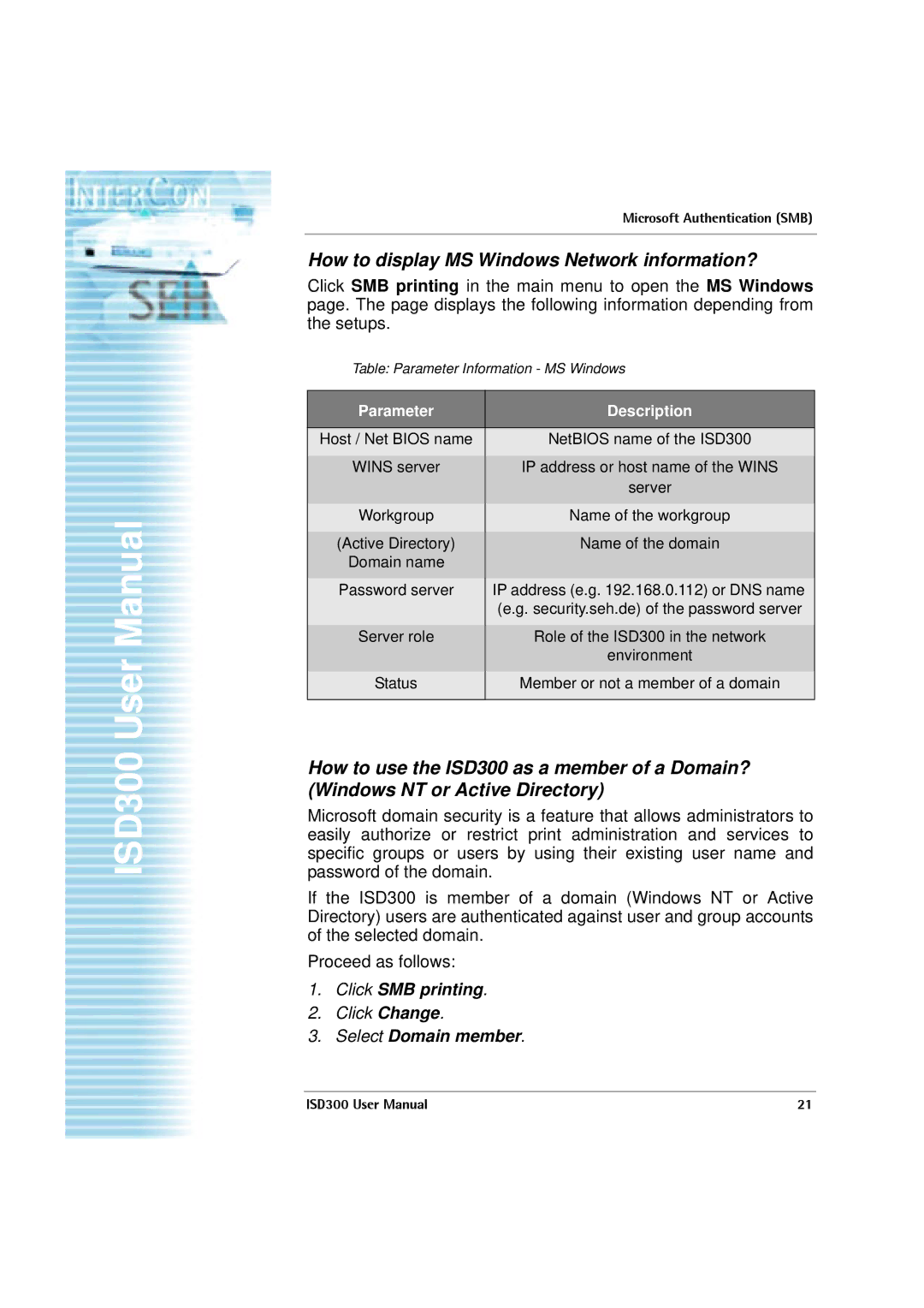 SEH Computertechnik ISD300 How to display MS Windows Network information?, Click SMB printing, Select Domain member 