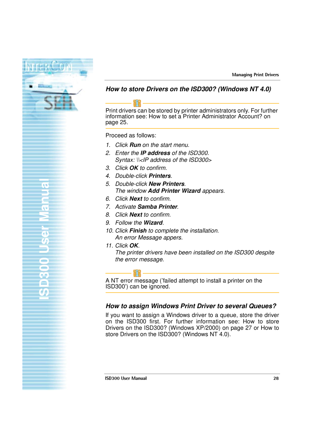 SEH Computertechnik user manual How to store Drivers on the ISD300? Windows NT, Activate Samba Printer 